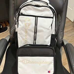 Champion White and Black Backpack with Gold Logo Accent with Lunchbox